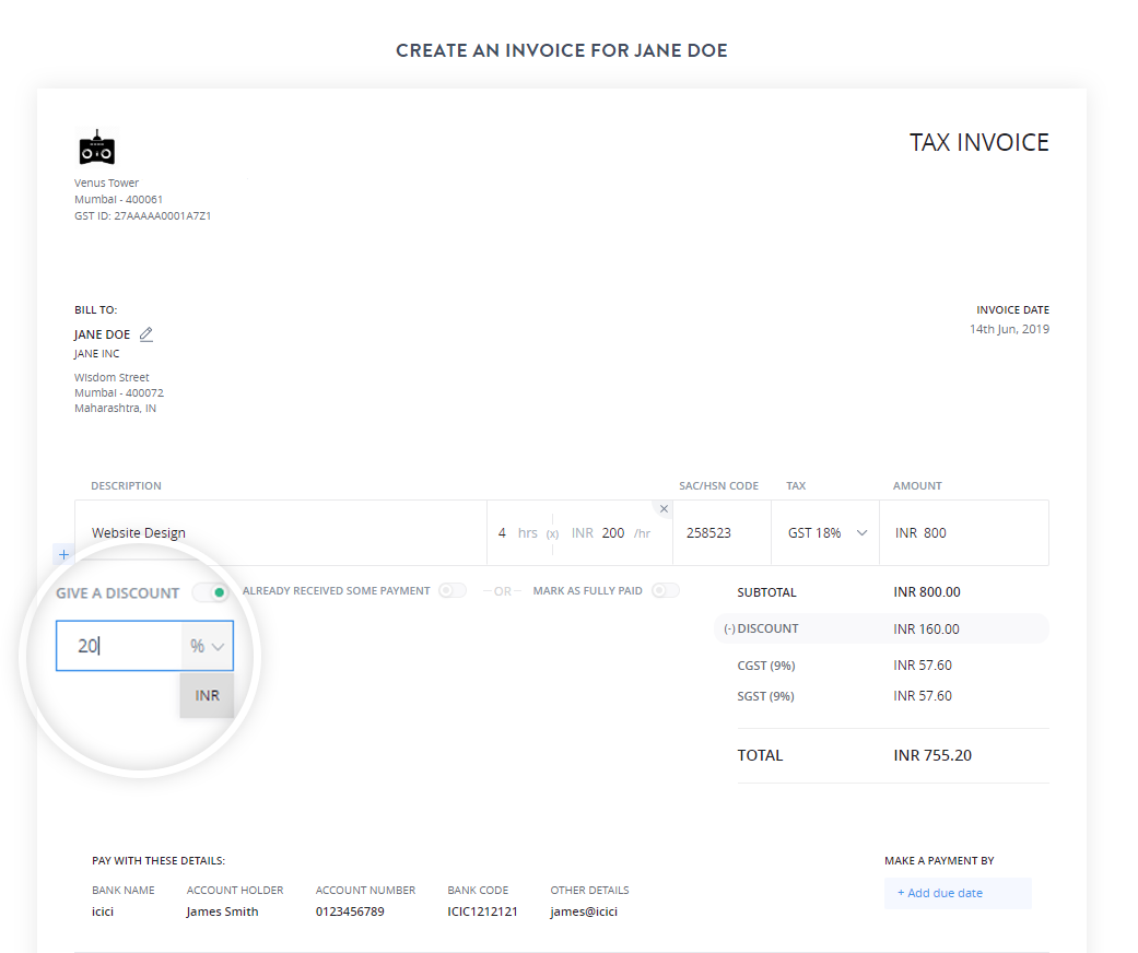 Give discount to an invoice
